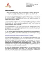 AFRICA OIL ANNOUNCES RESULTS OF SHARE BUYBACK PROGRAM AND PROVIDES SHARE CAPITAL AND VOTING RIGHTS UPDATE