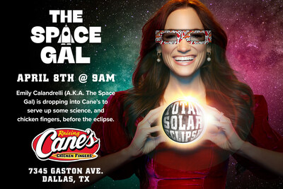 The Space Gal is stopping by Raising Cane's at 7345 Gaston Ave in Dallas at 9 a.m. CT on April 8 ahead of the total solar eclipse