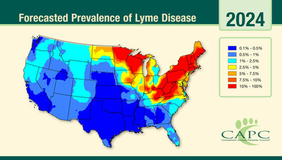 CAPC predicts that Lyme disease, a potentially fatal disease for pets, is expanding quickly. Transmitted by ticks, Lyme disease is spreading due to the expansion of tick host geographic range.