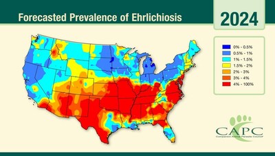 CAPC predicts that Ehrlichiosis, transmitted by ticks, is expected to be above normal for the majority of the United States, with some interesting emerging risk areas.