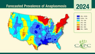 CAPC's forecast for Anaplasmosis, transmitted by ticks, is that it poses major risks for dogs in the Northeast and upper Midwest.