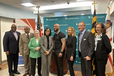 County Executive Angela Alsobrooks, Michael Williams, Prince George's County's Returning Citizens Affairs Division Director, County Councilman Calvin Hawkins, County Council Chair Jolene Ivey, Tori Bayless, Luminis Health CEO, Von Tyler and Bolen Wells