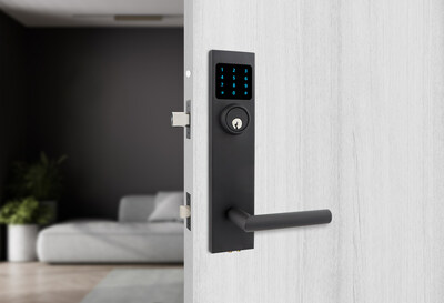 The new Smart Interconnect lock from INOX by Unison Hardware, shown here in C19 Black CeraMax finish with a Frankfurt 205 lever. Communicating through Bluetooth and Wi-Fi, the Smart Interconnect includes an integrated RFID reader with keypad that beautifully complements 14 designer levers and eight elegant finishes.  This lock has a unique single design that facilitates new installation and retrofits for both 4