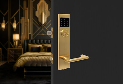 The new Smart Interconnect lock from INOX by Unison Hardware, shown here in PDV4 Satin Brass finish with a Twilight 244 lever. The keypad offers three types of passcodes as well as a Touch-to-Lock feature.  This smart lock has both 2-3/4