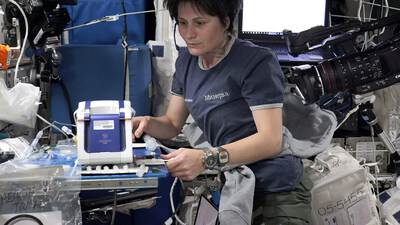 Samantha Cristoforetti, ESA astronaut, operating the rHEALTH ONE on-orbit.  Image credit:  ESA.