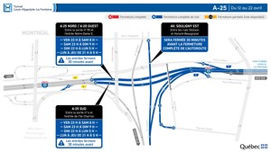 Réfection majeure du tunnel Louis-Hippolyte-La Fontaine - Fermetures complètes de soir et de nuit du tunnel dans les deux directions du 12 au 22 avril