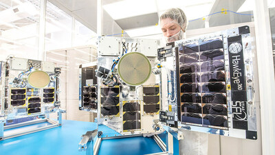 One of the satellites in HawkEye 360's Cluster 9 trio is prepared for launch at the SFL facility in Canada.