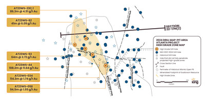 Figure 1. Detailed plot of historical and Nevada King drill holes in the northern end of the WAFZ. A northwest-trending “core zone” of higher-grade and thicker mineralization formed at the intersection of the westerly-trending North Fault with the northerly trending West Atlanta #1 and West Atlanta #2 Faults. Stars denote holes that did not fully penetrate both the upper and lower high-grade projected zones or suffered serious sample loss within these zones. (CNW Group/Nevada King Gold Corp.)