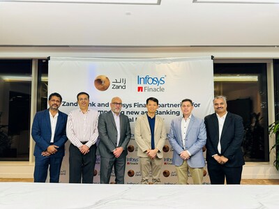 From left: Sriranga Sampathkumar (Regional Head of Business - MEA, Infosys Finacle) ; Vicky Bhatia (Chief Financial Officer, Zand) ; Sanat Rao (Strategic Advisor, Infosys Finacle) ; Michael Chan (Chief Executive Officer, Zand) ; Adam Woolford (Chief Technology Officer, Zand) ; Ganesh Premsankar (Business Head – MENAT, Infosys Finacle) at the signing ceremony held at the bank headquarters, in Dubai, UAE.