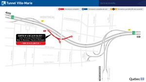 Réfection majeure des tunnels Ville-Marie et Viger - Fermeture de la sortie de la Montagne de la route 136 en direction est durant la fin de semaine du 5 avril 2024