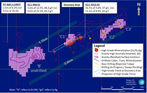 Exhibit 1. Plan Map of New Holes from 2024 Program vs. Gravity-High Anomalies at Ballywire (CNW Group/Group Eleven Resources Corp.) Exhibit 1. Plan Map of New Holes from 2024 Program vs. Gravity-High Anomalies at Ballywire (CNW Group/Group Eleven Resources Corp.)