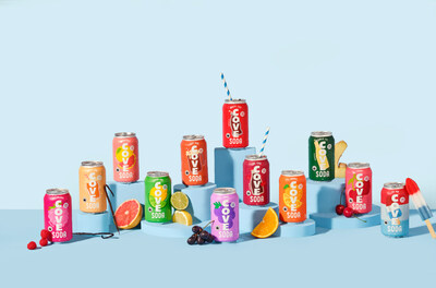 Lineup of Cove Soda flavors available in Canada. Raspberry, Cream Soda, Grapefruit, Lemon Lime, Root Beer, Grape, Classic Cola, Dr. Cove, Orange, Ginger Ale, Cherry and Ice Pop. (CNW Group/Cove Drinks)