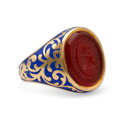 Victorian Carnelian Royal Blue Enamel Yellow Gold Signet Ring. Image courtesy of Jack Weir and Sons