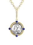 Fine Jewelry Book and Globe Victorian Love Token in 14K Yello Gold and Sapphires on Diamond Chain. Image courtesy of Heavenly Vices
