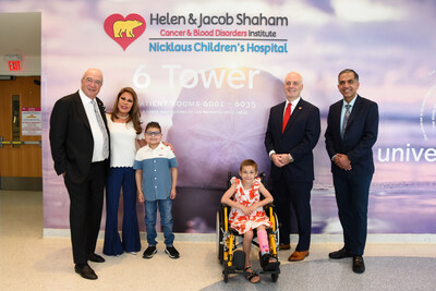 L to R - Jacob and Helen Shaham, South Florida philanthropists, Olivia Cappiello, George Butros, Matthew A. Love, President and CEO of Nicklaus Children's Health System, Ziad Khatib, MD, gather for a photo at the unveiling of the newly named Helen & Jacob Shaham Cancer & Blood Disorders Institute on April 3, 2024 in Miami at Nicklaus Children’s Hospital.