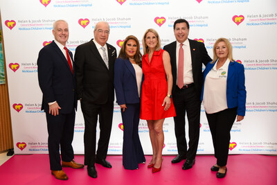 L to R - Matthew A. Love, President and CEO, Nicklaus Children's Health System, Helen and Jacob Shaham, South Florida philanthropists, Joseph Nader, Chair, Board of Directors, Nicklaus Children's Health System, State Representative Vicki Lopez, and Sonia Castro, Office of County Commissioner Kevin Cabrera gather for a photo in celebration of the Shaham's gift announcement of $15 million to benefit pediatric cancer care and research. In their honor, the institute was named the Helen & Jacob Shaham Cancer & Blood Disorders Institute.