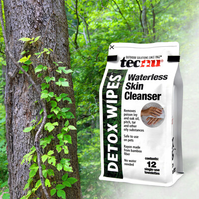 Tecnu Detox Wipes remove the rash-causing oil from poison ivy, as shown climbing up a tree.