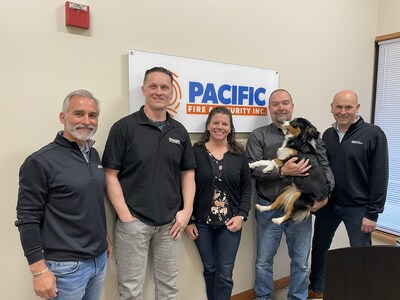 The Pye-Barker Fire & Safety team celebrates the addition of Pacific Fire & Security with Rob Vaughn, Pacific Service Manager; Dawnielle Sherwood, Pacific ITM Manager; and Paul Dalton, Pacific Owner.
