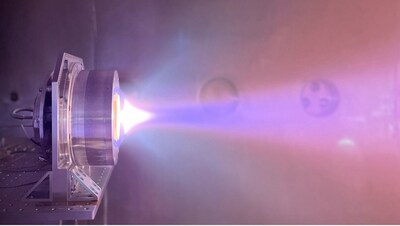 Phase Four's radio-frequency thruster under test at its facility in Hawthorne, CA.