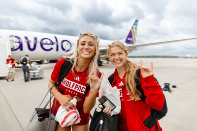 NC State Cheer excited to board their Avelo Airlines charter flight to the Final 4 in Phoenix.