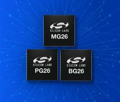 The three members of the xG26 family: the multiprotocol MG26 SoC, the Bluetooth LE BG26 SoC, and the PG26 MCU.