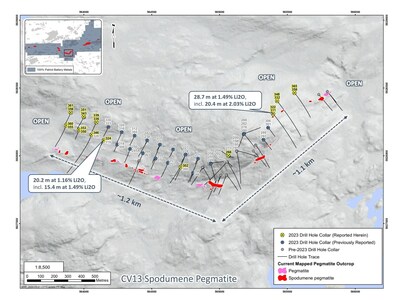 Figure 1: Drill holes completed at the CV13 Spodumene Pegmatite through 2023. (CNW Group/Patriot Battery Metals Inc)