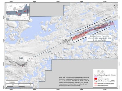 Figure 5: Highly prospective corridor for lithium pegmatite between CV5 and CV13, a distance of approximately 3 km. Drill hole collars presented for those completed through 2023 (CV23-365). (CNW Group/Patriot Battery Metals Inc)