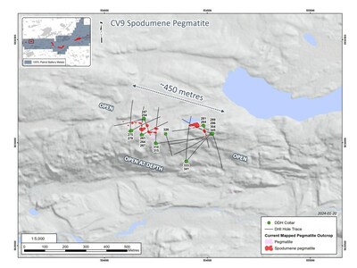 Figure 6: Drill holes completed at the CV9 Spodumene Pegmatite through 2023. (CNW Group/Patriot Battery Metals Inc)