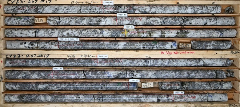 Figure 8: Spodumene pegmatite from drill hole CV23-267. Approximately 1.0% Li2O over interval (70.0 m to 78.6 m) (CNW Group/Patriot Battery Metals Inc)