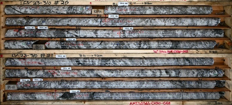 Figure 9: Spodumene pegmatite from drill hole CV23-310. Approximately 1.0% Li2O over interval (82.5 m to 91.2 m) (CNW Group/Patriot Battery Metals Inc)