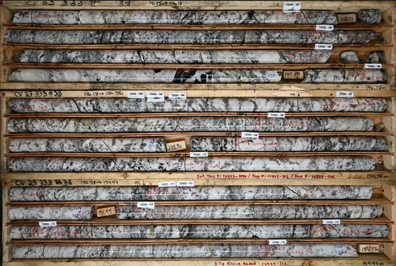 Figure 10: Spodumene pegmatite from drill hole CV23-333, including 7.7 m at 1.35% Li2O (146.0 m to 153.7 m) (CNW Group/Patriot Battery Metals Inc)