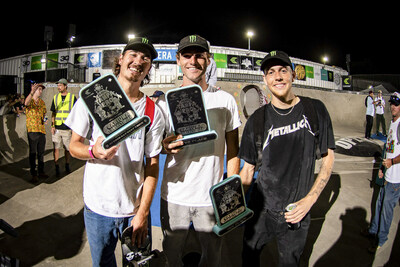Monster Energy's Trey Wood Wins Cariuma Concrete Jam OJ Door Gap Best Trick, Tom Schaar Takes Second Place, and Yam Behar Claims Third Place in the Cariuma Concrete Jam at the 2024 Tampa Pro.