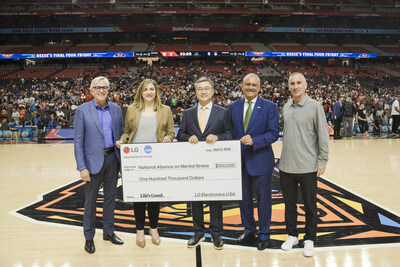 A check donation for $100,000 from LG to National Alliance on Mental Illness (NAMI) was presented at the NCAA Men’s Final Four at State Farm Stadium in Glendale, AZ. (From left) Dr. Brian Hainline, NCAA Chief Medical Officer, Hannah Wesolowski, Chief Advocacy Officer of the National Alliance on Mental Illness (NAMI), Chris Jung, CEO of LG Electronics North America, Daniel Gillison, CEO of the National Alliance on Mental Illness (NAMI), Bobby Hurley, Arizona State Men’s Basketball Head Coach, as spokesperson on importance of mental health in student athletes. Jung also announced the inaugural Life’s Good Coaches Award, recognizing NCAA coaches who champion the mental well-being of their players.