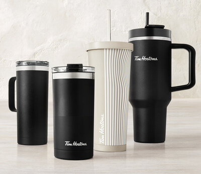 New Tim Hortons Everyday Drinkware Collection features a jumbo 1.2L/40oz straw tumbler and a selection of other stylish stainless steel cups (CNW Group/Tim Hortons)
