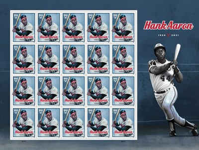 The stamp art features a digital painting of Atlanta Braves baseball legend Henry 