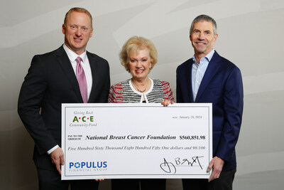 Populus Financial Group, Inc. CEO, Jay Shipowitz, presents $560,851 donation to Kevin Hail, President and COO, and Janelle Hail, Founder and CEO, of National Breast Cancer Foundation, Inc.