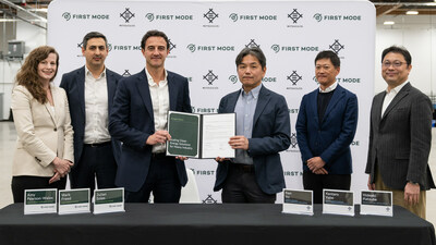 Representatives from First Mode and Mitsui gathered at First Mode's recently opened factory in Seattle for an official signing ceremony to launch the strategic alliance. From the left: Amy Pearson-Wales, Mark Freed, Julian Soles, Ken Ito, Kentaro Yabe, and Hideaki Katsube. Image First Mode 2024