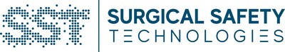 The image shows the "Surgical Safety Technologies" logo, which consists of the text "SURGICAL SAFETY TECHNOLOGIES" in a stylized font. The background of the logo has a pixel-like abstract pattern in shades of blue. The overall design conveys a sense of technology, precision, and safety associated with surgical procedures.