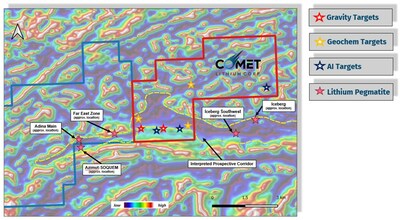 Figure 1 : Liberty 2024 Field Program – Phase 1 Exploration  Gravity, Geochem and AI targets to be investigated (CNW Group/Comet Lithium Corp.)