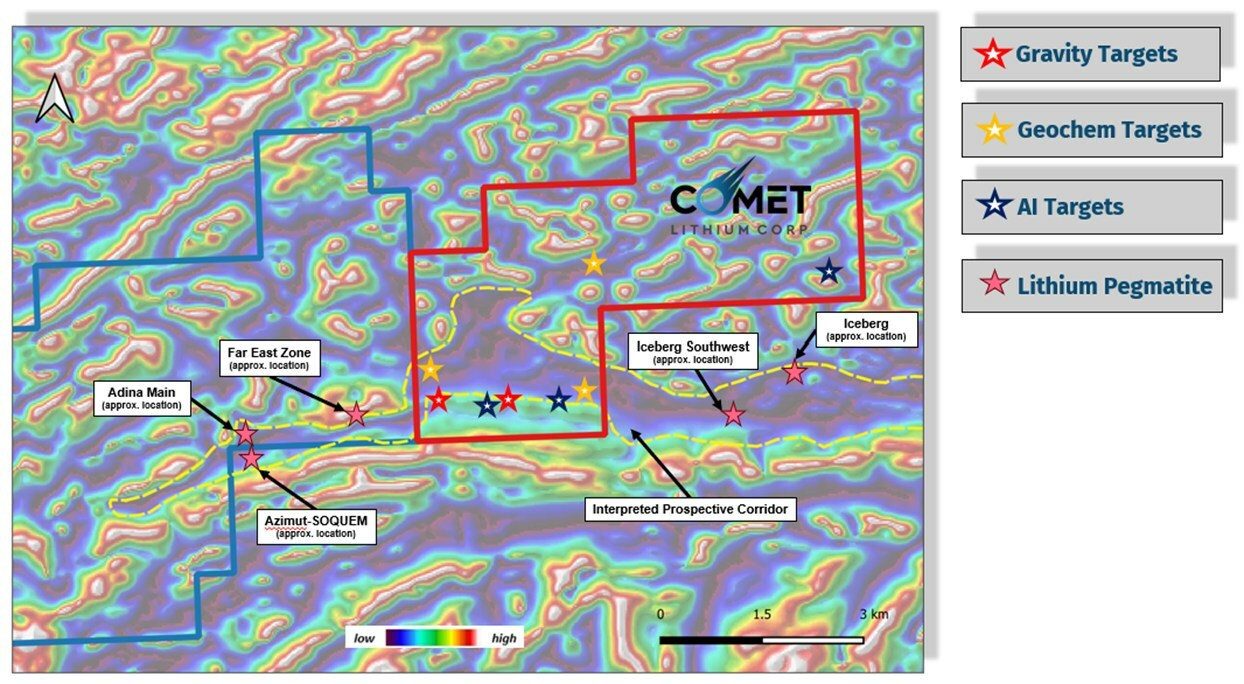 Figure 1 : Liberty 2024 Field Program – Phase 1 Exploration
Gravity, Geochem and AI targets to be investigated (CNW Group/Comet Lithium Corp.) Figure 1 : Liberty 2024 Field Program – Phase 1 Exploration
Gravity, Geochem and AI targets to be investigated (CNW Group/Comet Lithium Corp.)