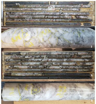 Figure 2 – West Joe drill core with coarse grained spodumene and pollucite mineralization, (images 1-2) Drill hole PWM24-172, (images 3-4) Drill hole PWM24-177 (CNW Group/POWER METALS CORP)