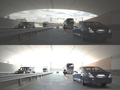 Sony IMX728 sensor simulation using an Anyverse Hyperspectral image as input. (Top) HDR on, (Bottom) HDR off.