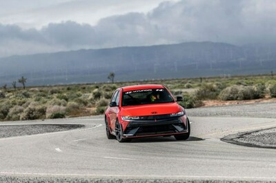 A production Hyundai IONIQ 5 N being tested for the Pikes Peak International Hill Climb by driver Robin Shute in California City, Calif., on April 5, 2024.