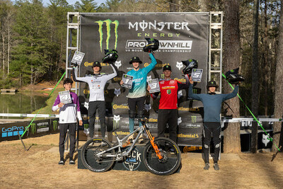 Monster Army Sweeps the Podium in the Cat 1 Jr Men 17-18 Division at the Monster Pro DH with Lucas Dedora Taking 1st, Gavin Tomlinson Landing in 2nd Place, and Ryder Lawrence Claiming 3rd Place.