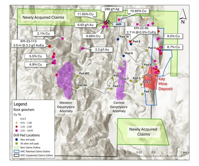 Figure 1. Map showing newly staked claims, 3 newly permitted drill pads, and highlights of recent rock sampling program. (CNW Group/Arizona Metals Corp.)
