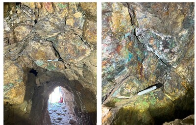 Figure 2. Left: historic adit on newly-staked northern claims showing copper staining. Right: sulphide mineralization with copper oxide staining. Sampling returned grades of 11.7% Cu, 6.7 g/t Au, 9.1% Cu, and 286 g/t Ag. (CNW Group/Arizona Metals Corp.)