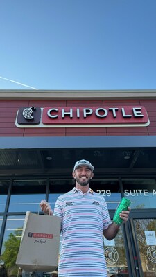 Pro golfer and Chipotle superfan Max Homa celebrates the launch of green foil burritos at Chipotle's Augusta, GA restaurant. Homa will debut the Chipotle logo on his golf bag this week.