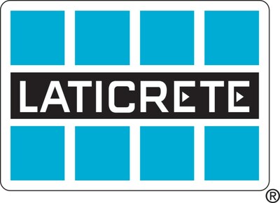 The LATICRETE logo displayed as white text on a horizontal black bar. Four light blue squares sit evenly spaced atop the black bar as well as beneath.