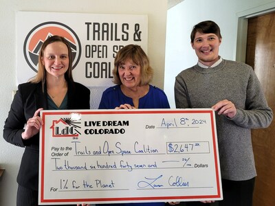 Lauren and Jay Collier of Live Dream Colorado deliver their 1% for the Planet donation to Trails and Open Space Coalition represented by Executive Director Susan Davies on April 8th, 2024