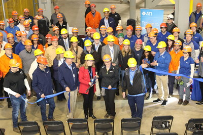 PHOTO CAPTION: ATI leaders and employees celebrate expansion in Vandergrift, PA, the most advanced materials finishing operation of its kind. Cutting the ribbon for the new Bright Anneal Line are (front, left to right): Dave Duffey, Plant Manager ? Vandergrift Operations; Tom DeLuca, President ? ATI Specialty Rolled Products; Bob Wetherbee, ATI Board Chair and Chief Executive Officer; Kim Fields, ATI President and Chief Operating Officer; Danielle Carlini, Vice President ? Operations, ATI Specialty Rolled Products; and Lenny Collini, Mayor of Vandergrift Borough, where ATI has been in operation since 1849.